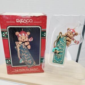 Vintage 1993 Enesco Lustre Fame Christmas Ornament Top Marks For Teacher Bear